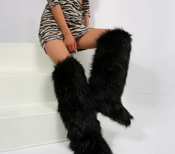 Fur Thigh High Boots Black
