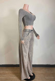 Acid Wash Ribbed Pant Set Long Sleeve
