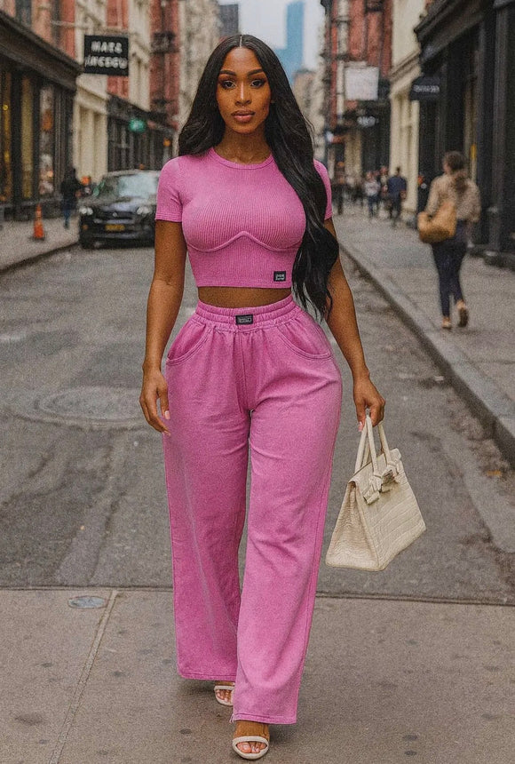 Pink Acid Wash Contour Crop Set