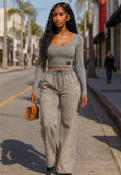 Acid Wash Ribbed Pant Set Long Sleeve