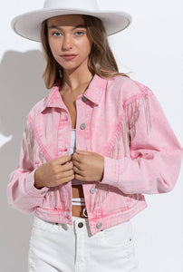 Rhinestone Fringe Pink Denim Jacket - SlayBasics 