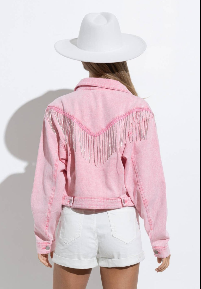 Rhinestone Fringe Pink Denim Jacket – SlayBasics